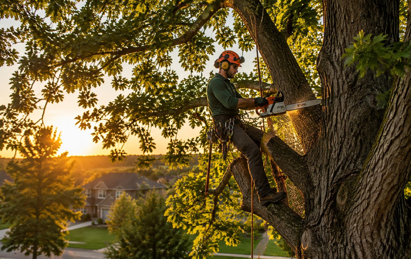 Arborist trimming an oak tree in Springfield, MO